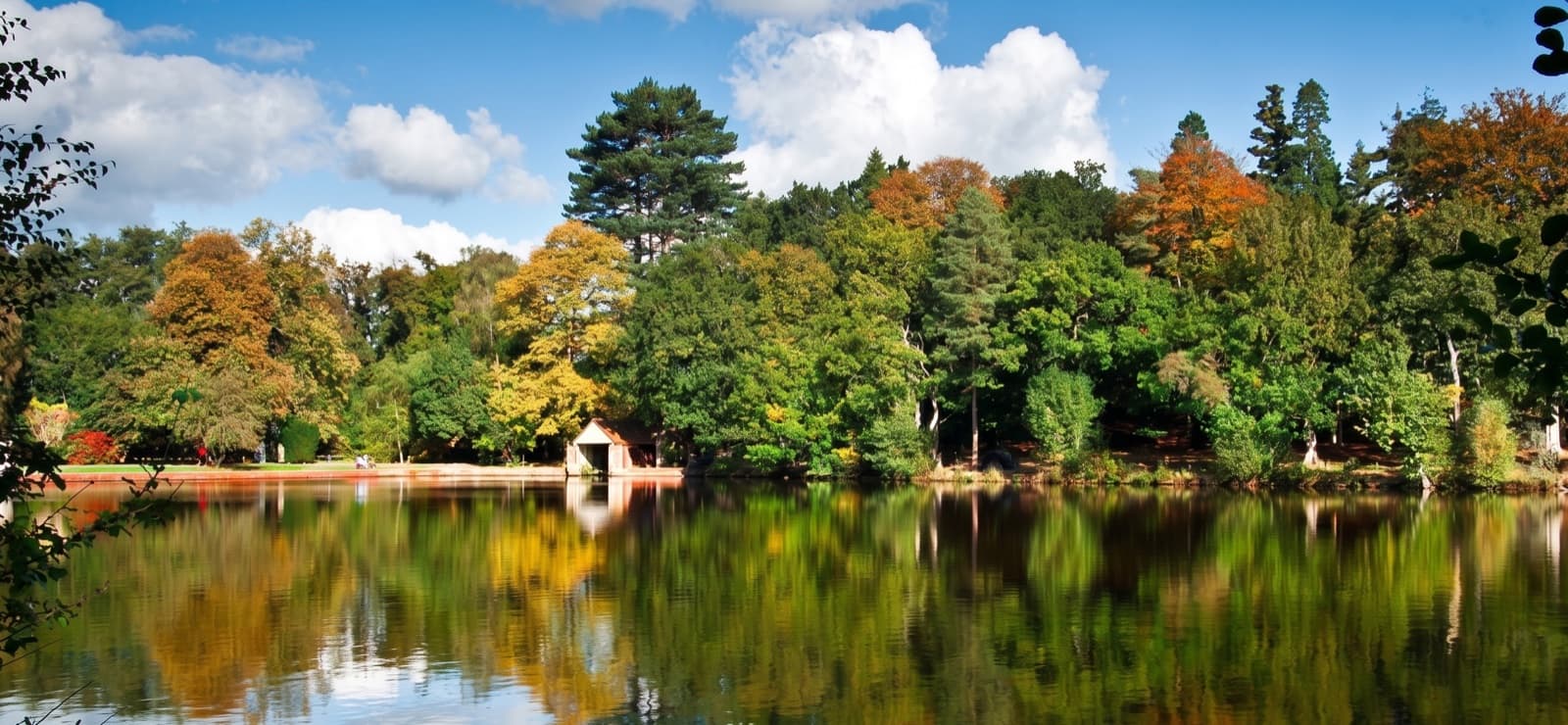 The lake at a leafy Crawley park close to Ferndale, with trees reflected in the water